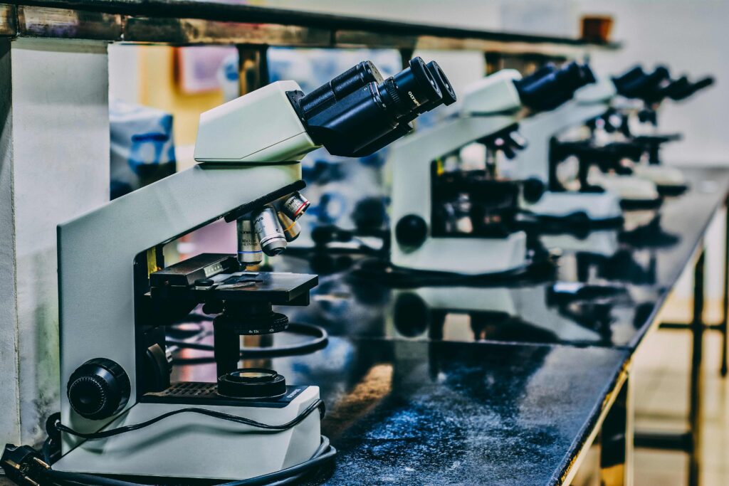 row of microscopes used for clinical research